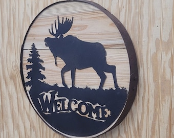 Rustic Moose Wall Art/Metal/Wood/Mixed Media/Cabin decor/Home/Decor/Vintage Barrel Ring/Welcome/Wildlife/Mountains