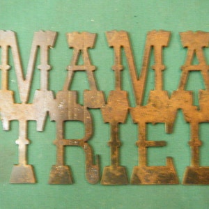 May include: Rustic metal wall decor with the words "Mama Tried" in a distressed brown finish.