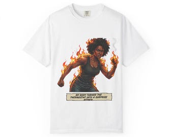 Woman on Fire Illustration T-Shirt | Fiery Comic Art, Empowered Figure