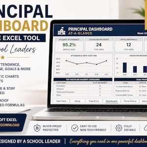 Puede incluir: Una pantalla de portátil muestra un Panel de Control del Director, una herramienta Excel editable para líderes escolares. El panel muestra la asistencia, la disciplina y los objetivos. La imagen incluye el texto "Descarga instantánea".