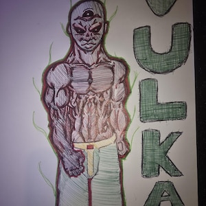 May include: Hand-drawn illustration of a muscular figure with three eyes and a stern expression. The figure is depicted in shades of brown, red, and green, with the word "VULKAN" in green block letters. The artwork has a comic book style.