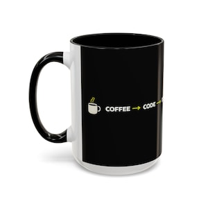 May include: A white ceramic mug with a black interior and handle. The exterior features a black background with a graphic showing a small coffee cup icon, the text COFFEE, a yellow arrow, the text CODE, a yellow arrow, and the letter D.