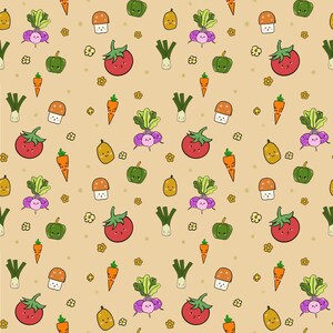 May include: A repeating pattern featuring cartoon vegetables such as tomatoes, carrots, mushrooms, and radishes on a beige background. Each vegetable has a smiling face. Small yellow flowers are scattered throughout the design.