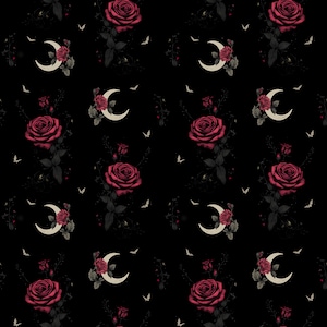 May include: A repeating pattern on a black background featuring dark red roses, crescent moons, and small white bat silhouettes. The roses have dark green leaves and stems. The moons are a light cream color.