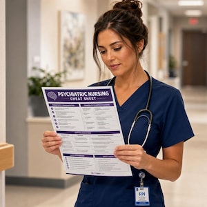 May include: A woman in a navy blue uniform reads a "Psychiatric Nursing Cheat Sheet" in a hospital hallway. The sheet has a purple header with a brain graphic and lists topics like therapeutic communication. A stethoscope hangs around her neck.