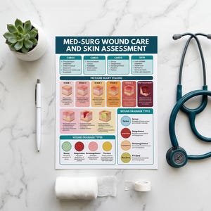 Pode incluir: Imagem com tema m&eacute;dico com um estetosc&oacute;pio verde-azulado, um gr&aacute;fico impresso intitulado "MED-SURG WOUND CARE AND SKIN ASSESSMENT", uma planta suculenta em vaso branco, uma caneta branca, gaze e fita adesiva. O gr&aacute;fico detalha os est&aacute;gios de cuidados com feridas.