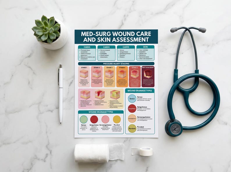Pode incluir: Imagem com tema m&eacute;dico com um estetosc&oacute;pio verde-azulado, um gr&aacute;fico impresso intitulado "MED-SURG WOUND CARE AND SKIN ASSESSMENT", uma planta suculenta em vaso branco, uma caneta branca, gaze e fita adesiva. O gr&aacute;fico detalha os est&aacute;gios de cuidados com feridas.