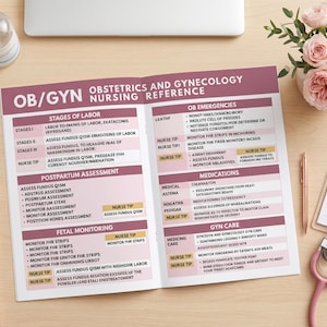 May include: A reference guide for obstetrics and gynecology nursing, featuring detailed information on labor stages, postpartum assessment, fetal monitoring, and medications. The guide is open on a wooden desk, with a stethoscope and flowers.