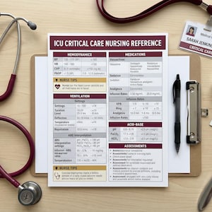May include: An ICU Critical Care Nursing Reference sheet with medical supplies, including a stethoscope, pen, and alcohol swab. A name tag reads "Sarah Jenkins, RN, Critical Care."