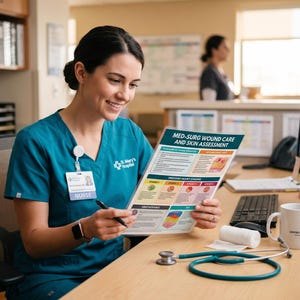 Pode incluir: Uma enfermeira de uniforme turquesa analisa um cartaz de "MED-SURG WOUND CARE AND SKIN ASSESSMENT". O cartaz mostra as etapas de tratamento de feridas. Um estetosc&oacute;pio, uma caneca e um computador est&atilde;o na mesa.