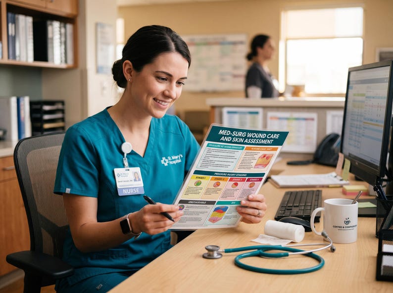 Pode incluir: Uma enfermeira de uniforme turquesa analisa um cartaz de "MED-SURG WOUND CARE AND SKIN ASSESSMENT". O cartaz mostra as etapas de tratamento de feridas. Um estetosc&oacute;pio, uma caneca e um computador est&atilde;o na mesa.