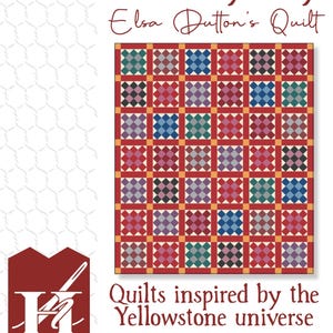 Könnte beinhalten: Ein Quiltmuster mit einem Patchwork-Design aus roten, blauen, grünen und violetten Quadraten. Der Text lautet "Dutton Dynasty" und "Elsa Dutton's Quilt". Das Muster enthält zwei Größen: 165 cm x 216 cm und 112 cm x 137 cm. Inspiriert vom Yellowstone-Universum.