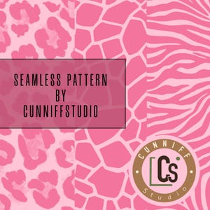 Könnte beinhalten: Eine digitale Grafik mit drei vertikalen Feldern aus rosa Tiermustern: Leopardenflecken, Giraffenmuster und Zebrastreifen. Der Text SEAMLESS PATTERN BY CUNNIFFSTUDIO ist eingeblendet. Ein kreisförmiges Logo zeigt den Text CUNNIFF STUDIO und Cs.