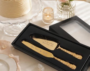 Personalized Gold Wedding Cake Knife Server Set, Engraved Floral Embossed Handles