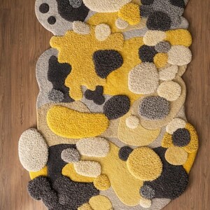 Hand Tufted Wool Rug, Abstract Organic Shape, Mustard Yellow Sculptural Carpet