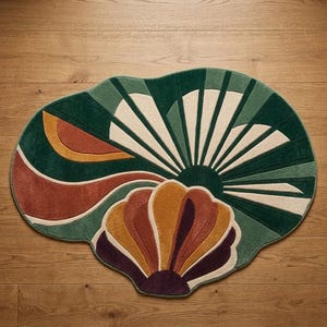 Teppich in Muschelform, abstrakter Küstenteppich, farbenfroher Muschelteppich, vom Meer inspirierter Teppich, Boho-Teppich mit Statement-Charakter, einzigartige Wohnzimmerdekoration