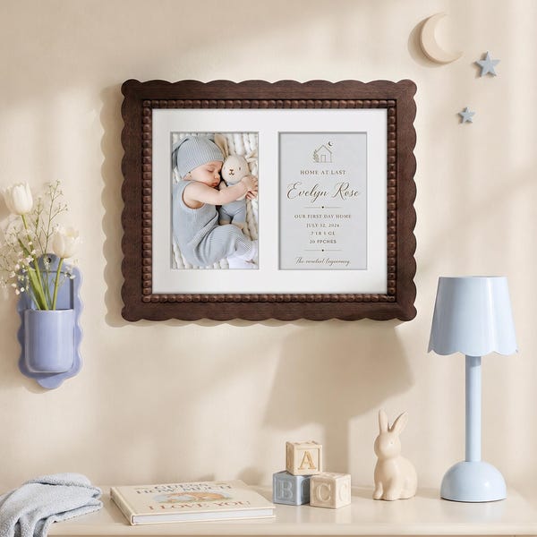 Beaded Wavy Newborn Picture Frame, 8x10 Dual Opening Wooden Frame for Newborn Birth Stats & Photo, Nursery Memory Wall Decor, New Baby Gift