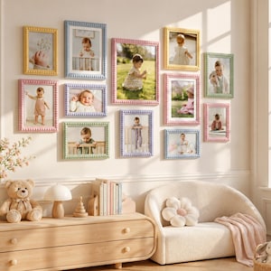 Pastel Nursery Gallery Wall Frame Set, Baby Milestone Photo Display Frames, Beaded Picture Frames for Baby Room Decor, Kids Bedroom Wall Art
