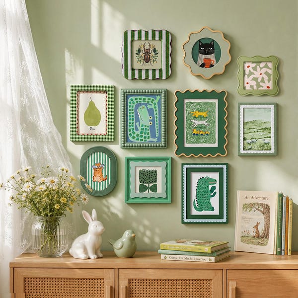 Sage Green Nursery Gallery Wall Frame Set, Mixed Shape Wavy Beaded Frames for Gender Neutral Baby Room Decor, 4x4 4x6 5x7 Baby Shower Gift