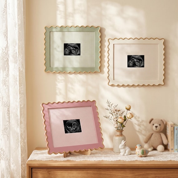Scalloped Gold Trim Ultrasound Frame with Fabric Mat, 8x10 Frame Fits 3x4 Sonogram Scan, Pregnancy Memory Keepsake Decor, Baby Shower Gift