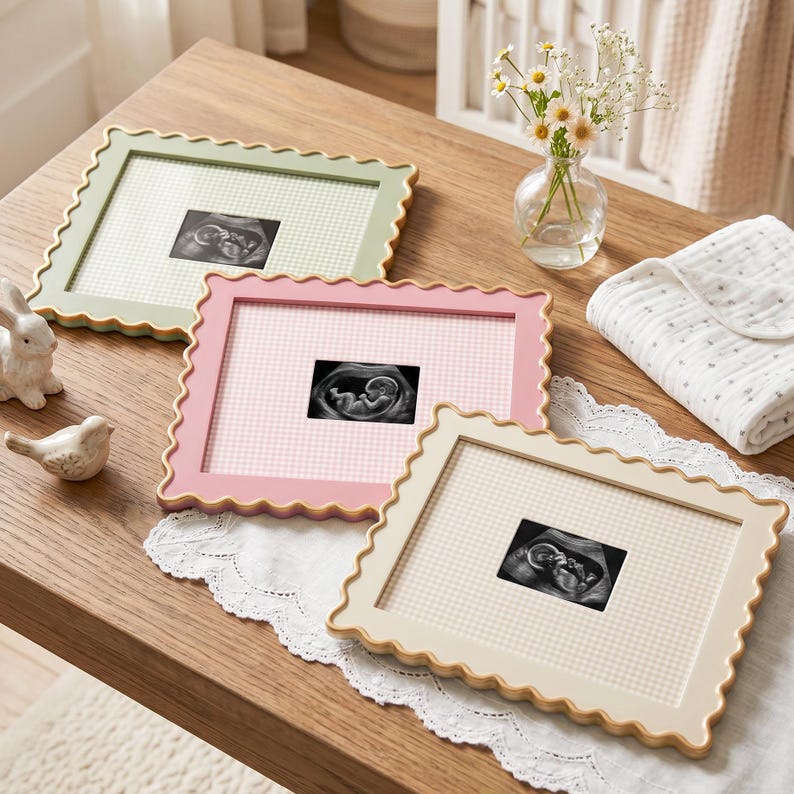 Puede incluir: Tres marcos de fotos rectangulares con bordes festoneados en verde salvia, rosa suave y crema. Cada marco presenta un paspart&uacute; blanco con patr&oacute;n de cuadr&iacute;cula y una ecograf&iacute;a fetal en blanco y negro en el centro, sobre una superficie de madera.
