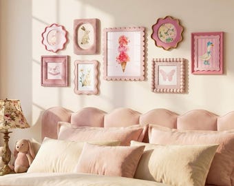 May include: A gallery wall arrangement featuring eight pink-toned frames of various shapes and textures, including scalloped, beaded, and rectangular designs, displaying illustrations of rabbits, a butterfly, a duck, and an ice cream cone.