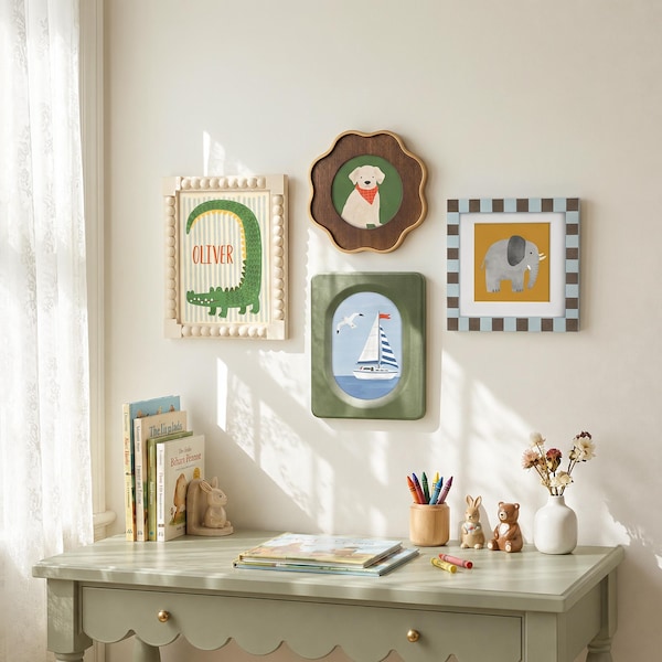 Mixed Shape Nursery Picture Frame Set, Beaded Wavy Frame for Toddler Boy Room Memory Wall Decor, 4x4 4x6 5x7 Gender Neutral Baby Shower Gift