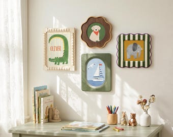 May include: Four wall-mounted picture frames featuring a rectangular beaded frame with a green alligator and the name Oliver, a scalloped dark wood frame with a dog, a green oval frame with a sailboat, and a scalloped green and white striped frame with an elephant.