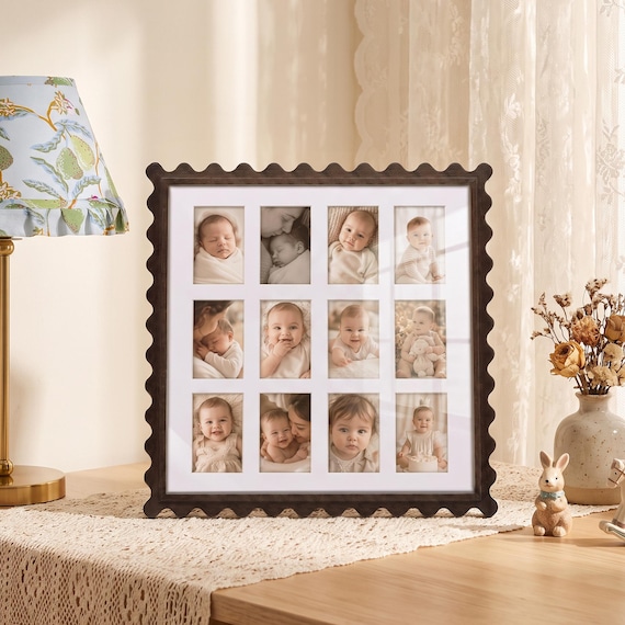 Baby Milestone Photo Collage Frame, Dark Wood Scalloped Picture Frame Holds Twelve 2.5x3.5 Newborn Keepsake Photos, 12x12 Nursery Wall Decor