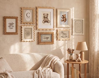 Assorted Nursery Wooden Picture Frames, Wavy Beaded Frame for Baby Photos Display, Vintage Gender Neutral Nursery Wall Decor, Single | Set
