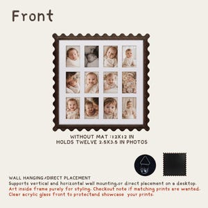 May include: A dark brown square collage frame with a scalloped edge, featuring a white mat with twelve rectangular openings for 2.5x3.5 inch photos. The frame measures 12x12 inches without the mat and includes a clear acrylic front and wall hanger.