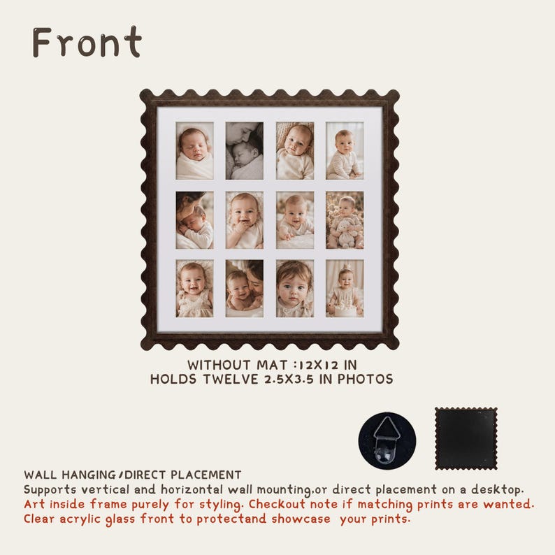 May include: A dark brown square collage frame with a scalloped edge, featuring a white mat with twelve rectangular openings for 2.5x3.5 inch photos. The frame measures 12x12 inches without the mat and includes a clear acrylic front and wall hanger.