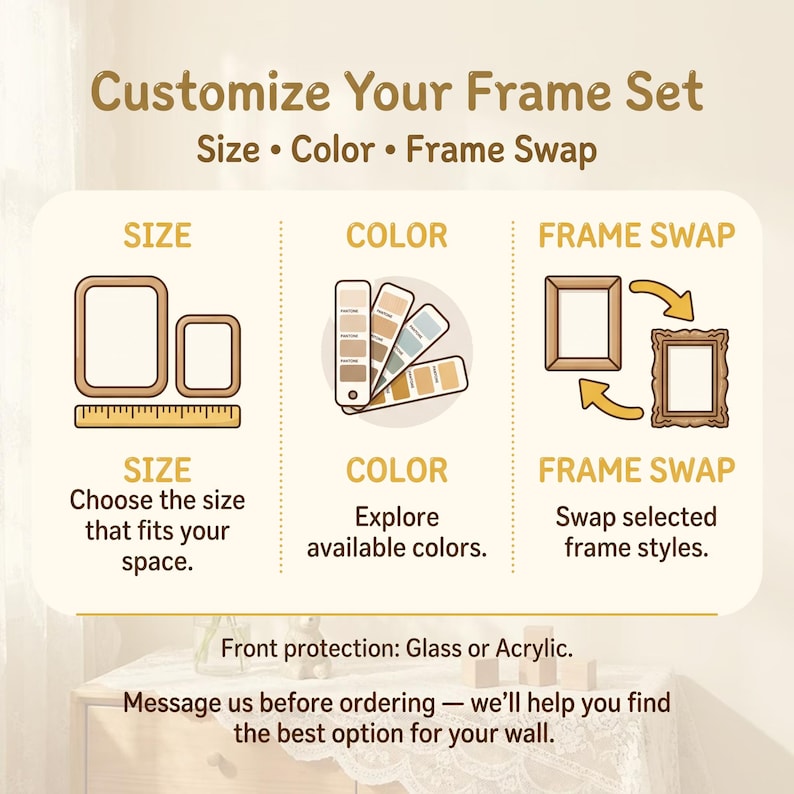 K&ouml;nnte beinhalten: Eine Infografik mit dem Titel Customize Your Frame Set mit drei Abschnitten: Size zeigt zwei rechteckige Rahmen und ein Lineal, Color zeigt einen Farbf&auml;cher und Frame Swap zeigt zwei verschiedene Rahmenstile mit Austauschpfeilen.