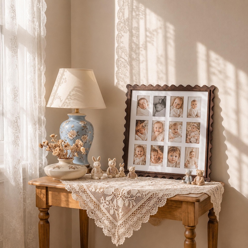May include: A square dark wood scalloped picture frame containing a collage of twelve individual baby portraits, displayed alongside a blue floral ceramic lamp, a small cream vase with dried flowers, and several small animal figurines.
