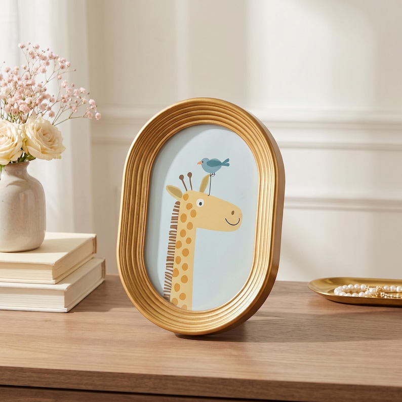 K&ouml;nnte beinhalten: Ein ovaler goldener Bilderrahmen mit gerippter Textur. Der Rahmen enth&auml;lt eine Illustration einer gelben Giraffe mit braunen Flecken und einem kleinen blauen Vogel, der auf ihrem Kopf sitzt, vor einem hellblauen Hintergrund.