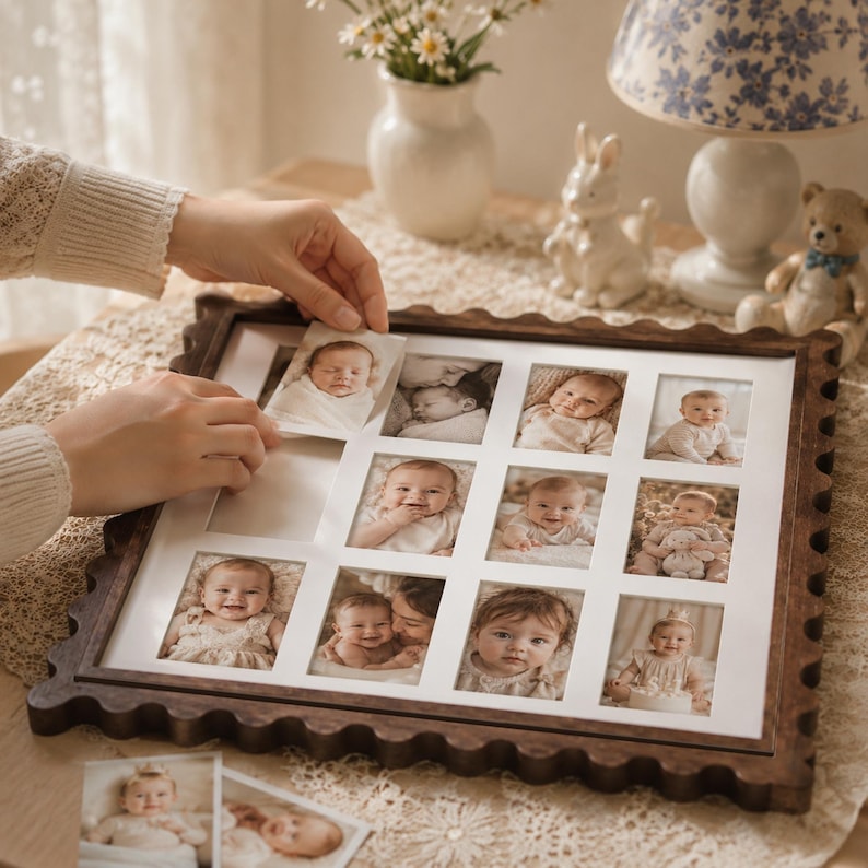 May include: A dark brown wooden collage picture frame with a scalloped edge, featuring a white mat with multiple rectangular openings. The frame holds several individual photographs of infants, with one additional infant photo being placed into a slot.