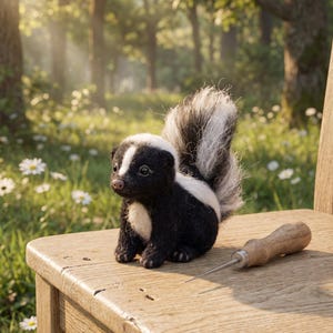 Peut inclure: Une petite figurine de mouffette en laine feutrée avec une fourrure noire et blanche, une queue touffue et des yeux sombres, posée sur une surface en bois à côté d'une alène en métal avec un manche en bois. La mouffette a une rayure blanche.