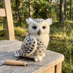 May include: A handcrafted, white and brown owl figurine with large, dark eyes and a small beak, perched on a wooden chair. The owl has detailed feathering and is set against a blurred forest backdrop. A wooden-handled tool rests on the chair.