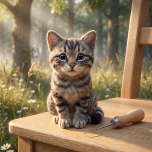 Pode incluir: Um pequeno gatinho tigrado castanho e preto com grandes olhos escuros sentado numa cadeira de madeira clara ao lado de uma sovela de metal com cabo de madeira. O gatinho tem riscas escuras distintas no rosto e no corpo.