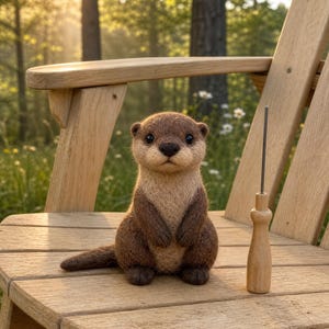 May include: A detailed, brown and tan otter figurine and a wooden tool on a wooden chair. The otter has a textured appearance. The background shows a blurred forest scene with sunlight. The chair is made of wood.