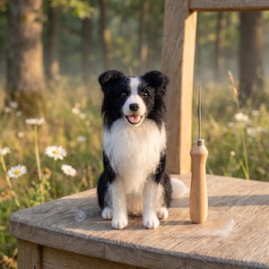 Könnte beinhalten: Eine nadelgefilzte schwarz-weiße Border-Collie-Figur mit strukturiertem Fell, spitzen Ohren und offenem Maul, platziert neben einem Filznadelwerkzeug mit Holzgriff auf einer strukturierten Holzoberfläche.