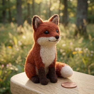 May include: A handcrafted felt fox figurine with a red-orange body, white chest, and dark brown paws and ears. The fox is sitting on a wooden surface next to a penny. The background is a blurred forest scene.