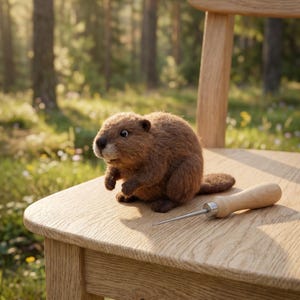 May include: A brown, plush beaver toy with a small, wooden-handled awl rests on a light oak chair. The beaver has a detailed, textured fur appearance and is posed in a seated position. The scene is set outdoors with a blurred forest background.