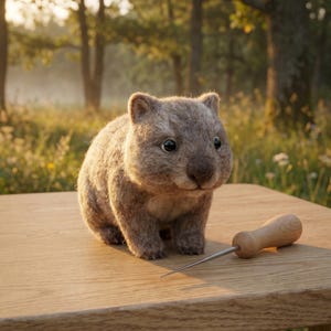 May include: A handcrafted, felted wombat figurine with a needle tool on a wooden table. The wombat is a light brown color with dark eyes and a small nose. The needle tool has a wooden handle.