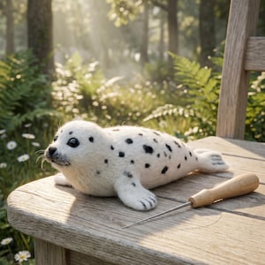 Puede incluir: Un peluche de foca blanca hecha a mano con manchas negras, tumbada en una silla de madera. Una aguja con mango de madera está al lado de la foca. El fondo presenta una escena de bosque soleado con helechos y margaritas.