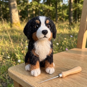 Op de afbeelding: Een naaldgevilte Berner Sennenhond puppyfiguur met zwarte, witte en bruine vacht, donkere ogen en een zwarte neus. De kleine pluche hond zit rechtop naast een metalen viltnaald met een houten handvat op een lichtgekleurd houten oppervlak.