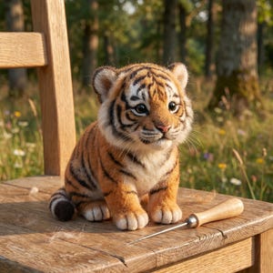 Könnte beinhalten: Ein handgefertigtes Tigerjunges aus Filz mit orangefarbenen und schwarzen Streifen sitzt auf einem Holzstuhl. Neben dem Jungtier liegt ein Nadelwerkzeug. Der Hintergrund zeigt eine verschwommene Waldszene.