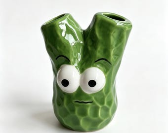 Funny Face Green Ceramic Toothbrush Holder, Double Opening Bathroom Decor Vase