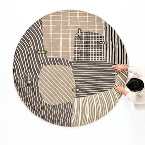 Modern Round Area Carpet | Geometric Patchwork Design | Neutral Beige Brown Floor Mat | Minimalist Home Decor for Living Room & Bedroom