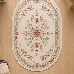 Vintage Floral Round Rug – Pink Cottagecore Nursery Carpet, Soft Kids Room Area Rug, Baby Girl Bedroom Decor, Elegant Pastel Floor Mat